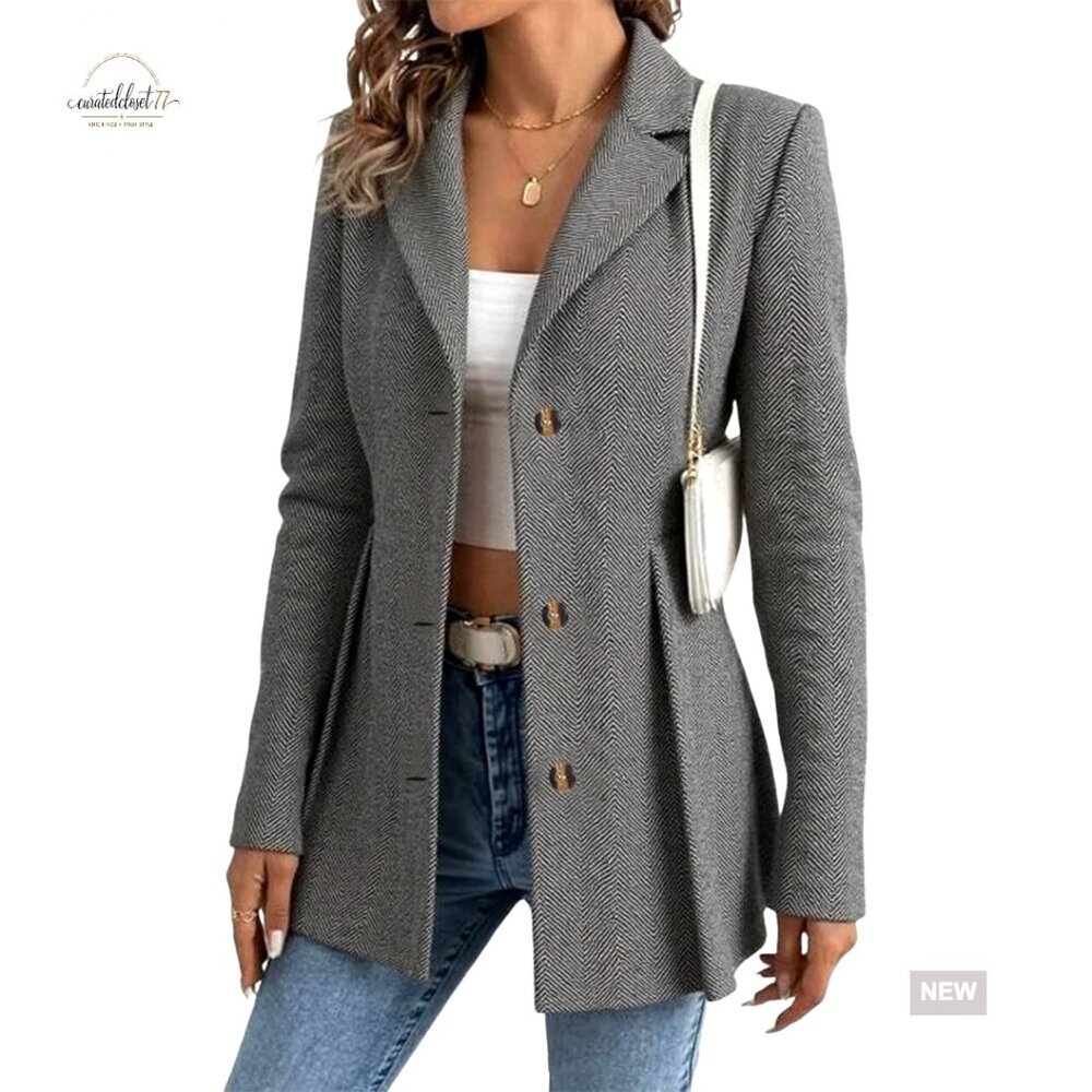 Lightweight Tweed Blazer Regular Fit Long Sleeve Open Front Office Jacket